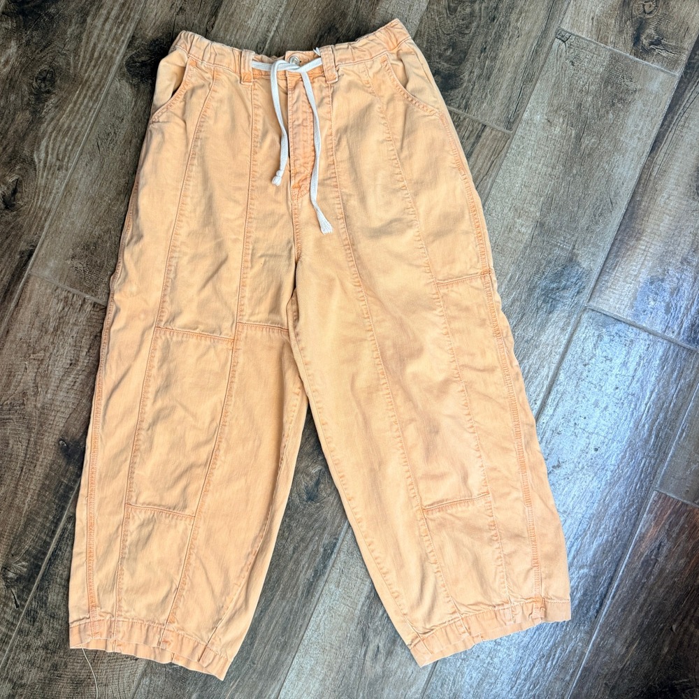We The Free Women Drawstring Waist Wide Leg Cropped Barrel Pants,Orange,M
